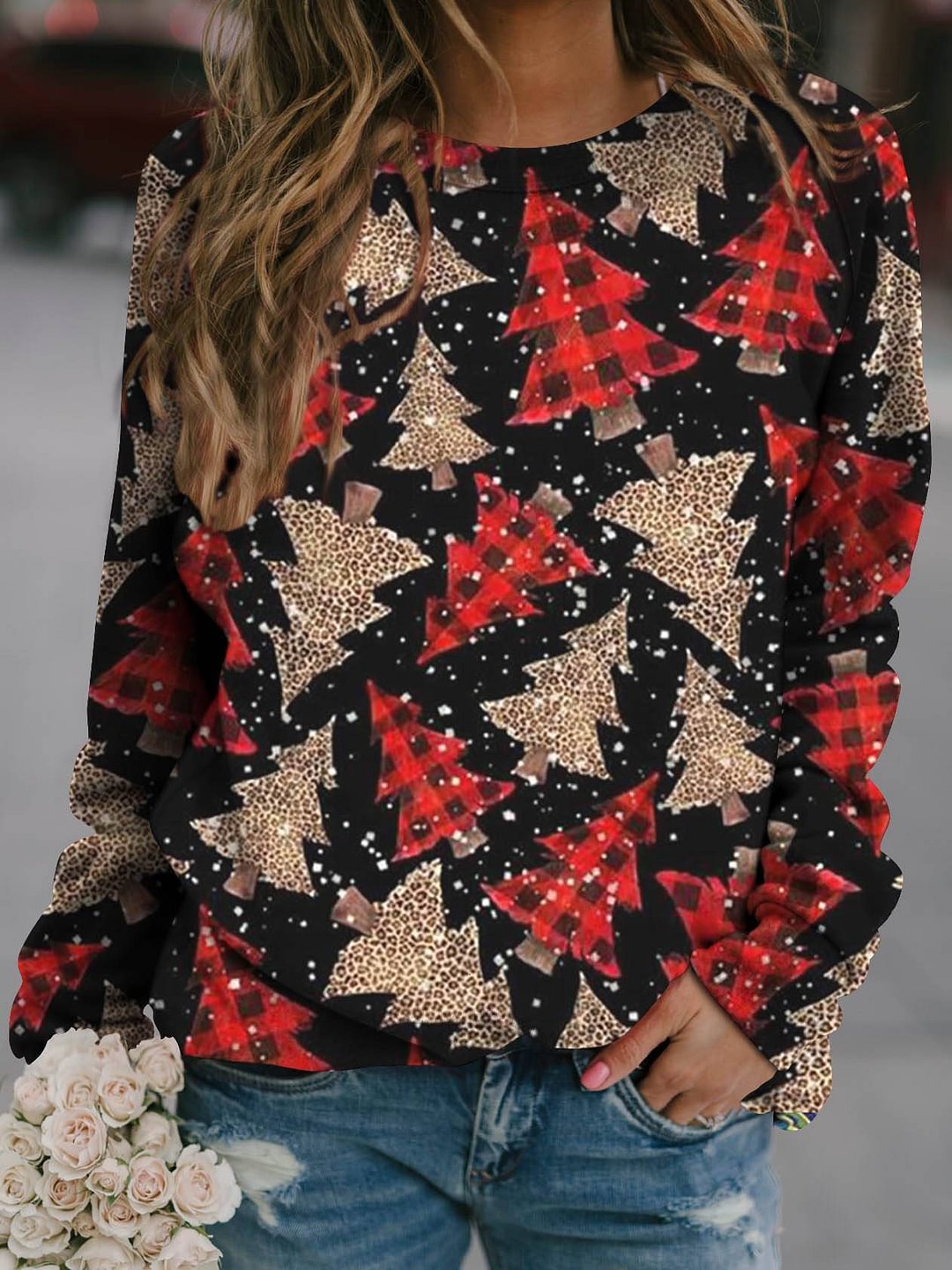 Leopard Plaid Christmas Tree Print Casual Sweatshirt