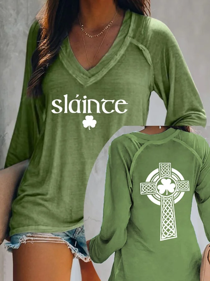 Slaince Print V-Neck Long Sleeve Casual T-Shirt