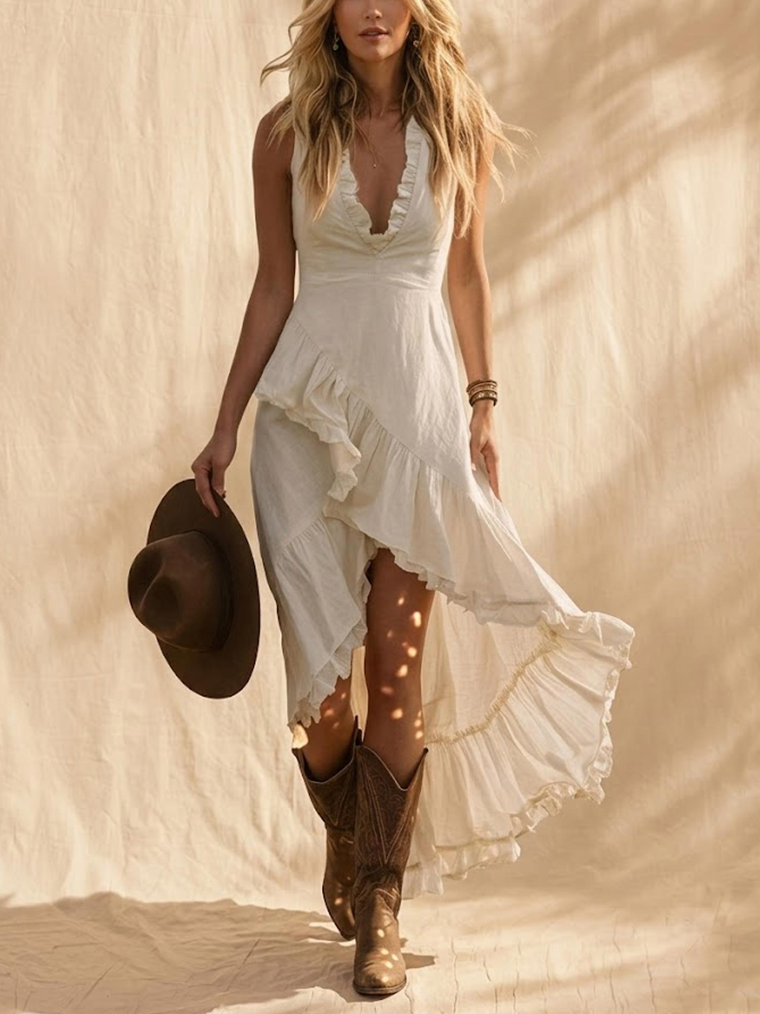 Desert Vacation Essential &mdash; Ivory White V-Neck Ruffle Trim Tencel High-Low Sleeveless Dress