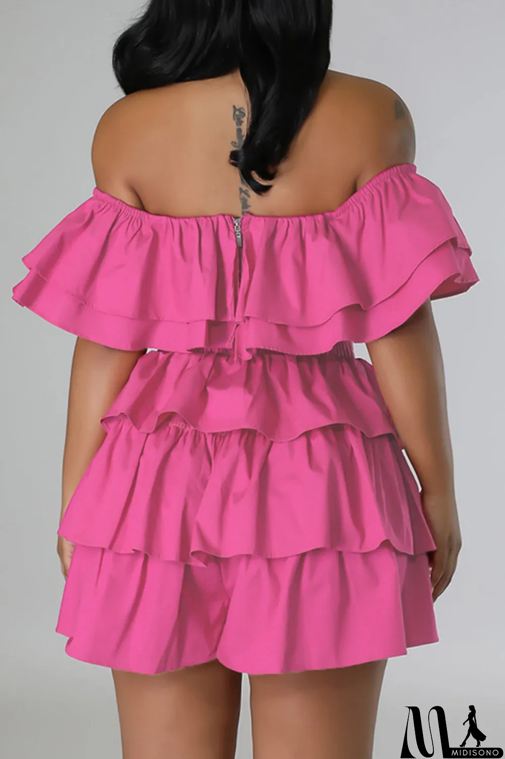 MidiSono - Rose Red Sexy Casual Solid Patchwork Backless Off the Shoulder Short Sleeve Two Pieces