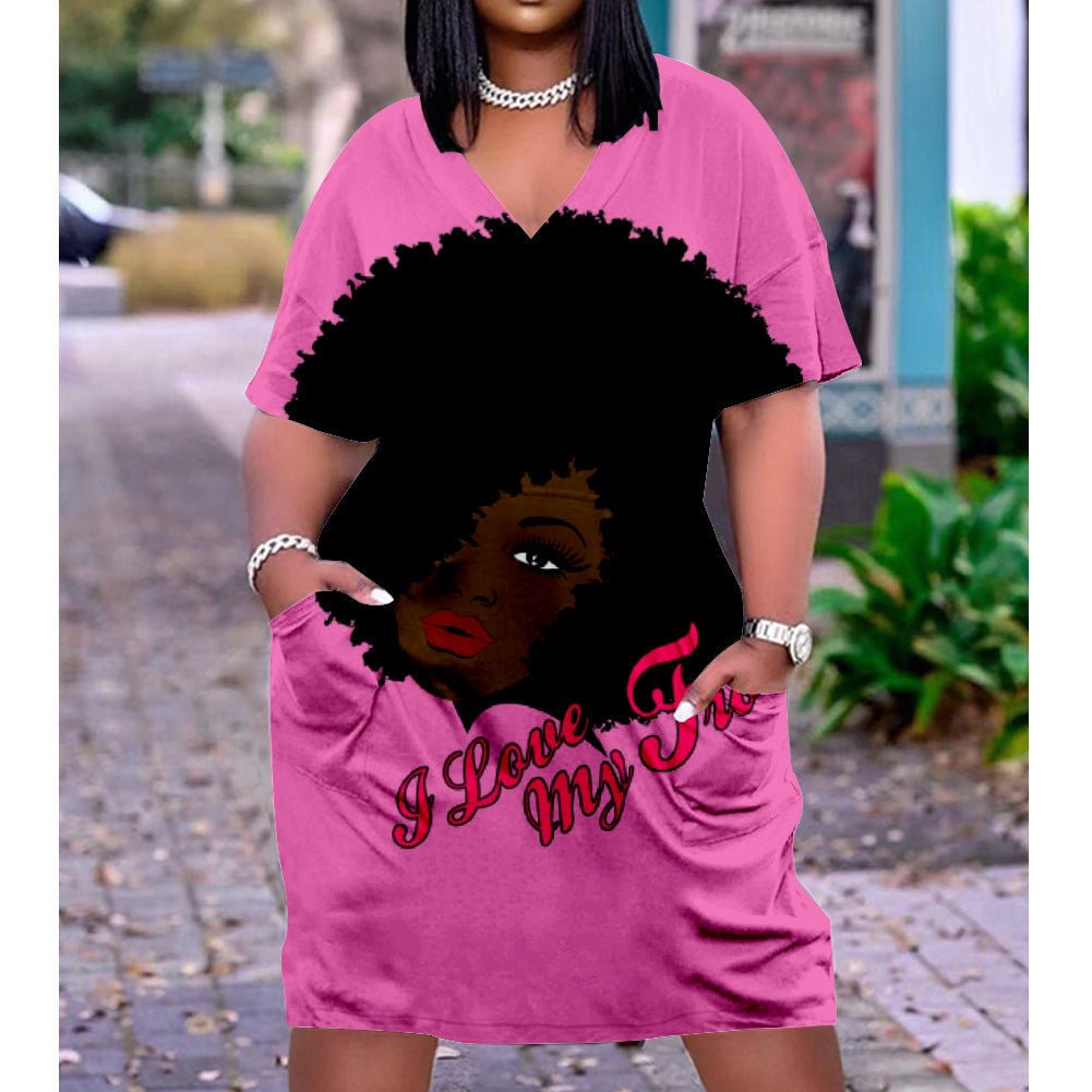 3D printed loose plus size v-neck mid-sleeve dress