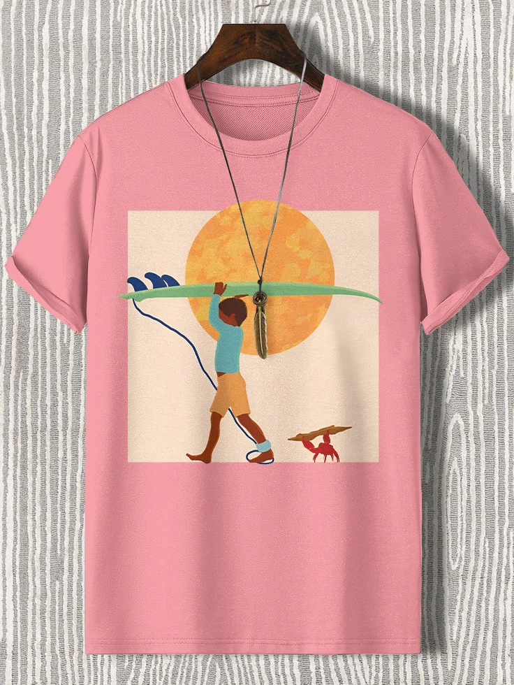 Men's Boy Holding Surfboard At The Seaside Print Cotton Casual T-Shirt