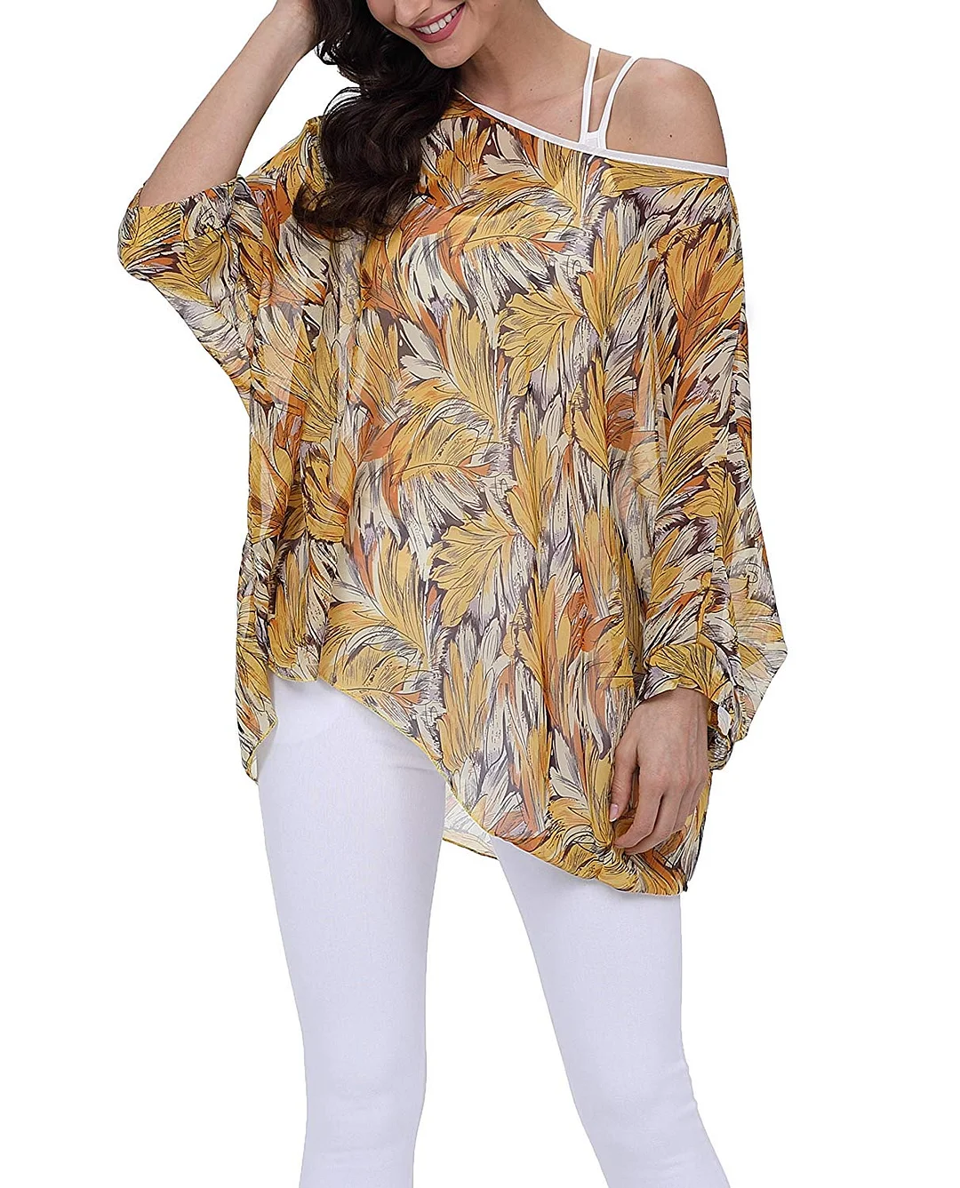 Bohemian Floral Chiffon Blouse Casual Batwing Blouse Hippie Semi Sheer Loose Tops