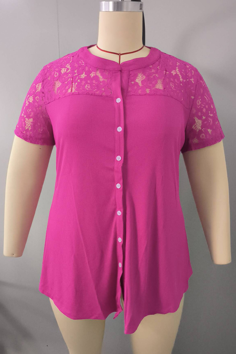 Plus Size Lace Button Up Short Sleeve Blouses 2024 - Flycurvy 