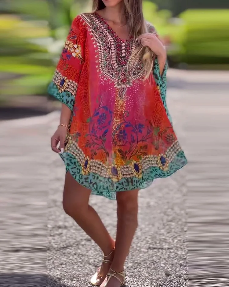 💐Asymmetric women's dress with V-neck and loose cut 