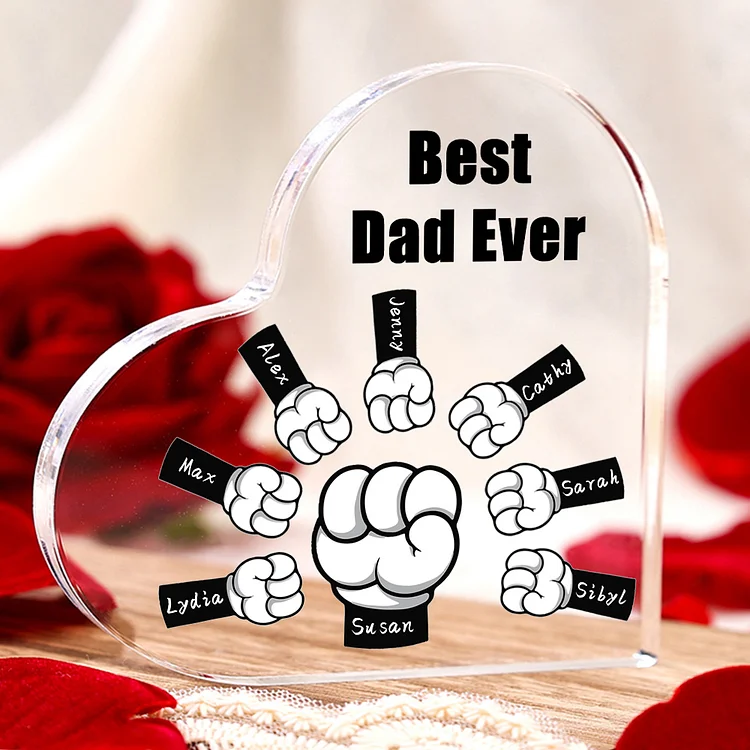 8 Names - Personalized Dad Fist Heart Acrylic Heart Keepsake Custom Text Acrylic Plaque Ornament Gift Set with Gift Box for Grandpa/Dad