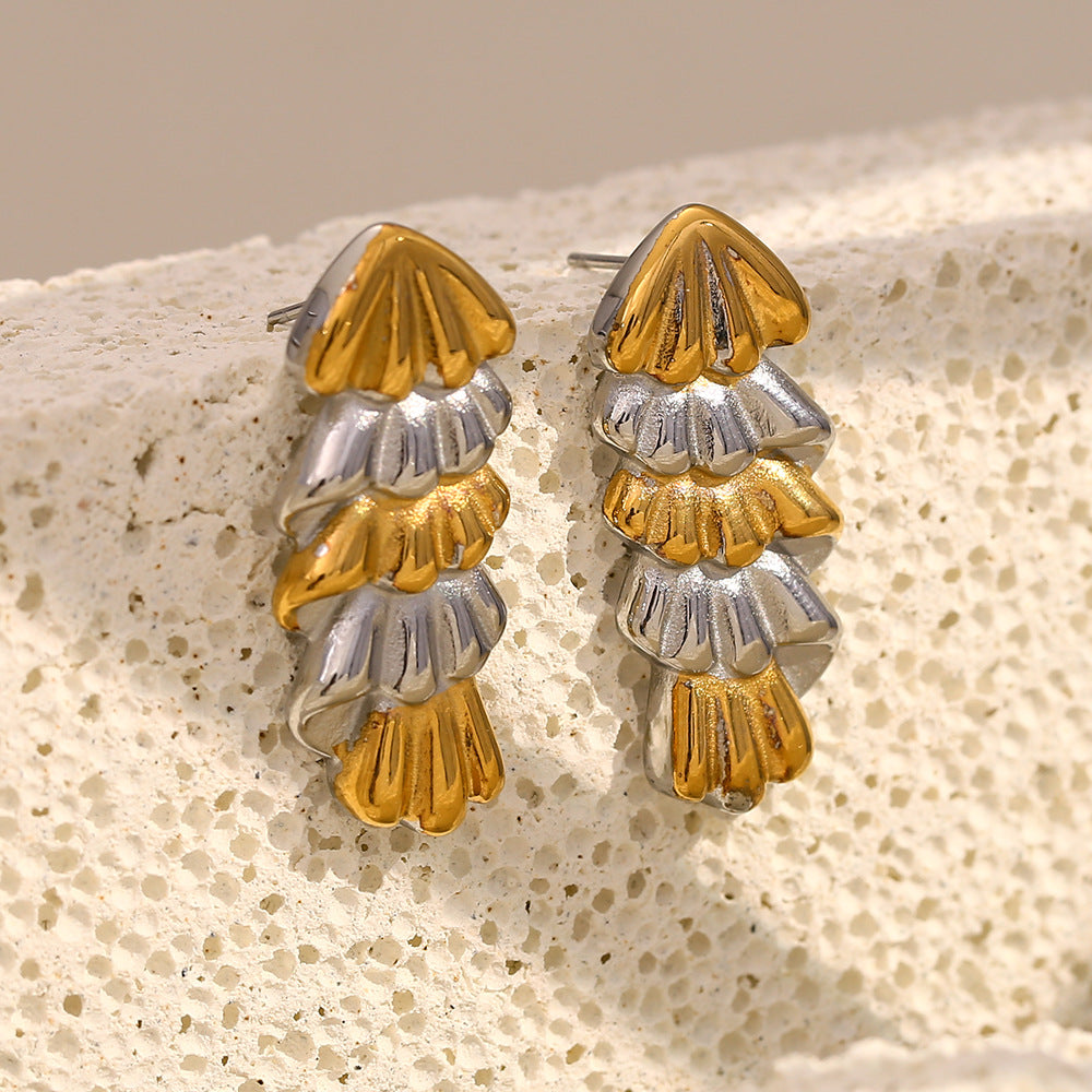 Fashionable French Style Earrings Stainless Steel 18K Gold Plated Christmas Tree Shape Two-Color Earrings