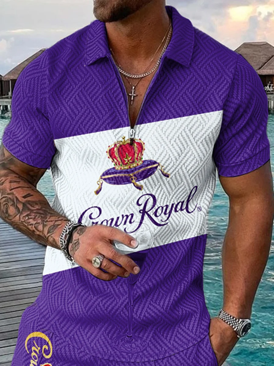 Men's Casual Lapel Purple Printed Short Sleeve Polo Shirts