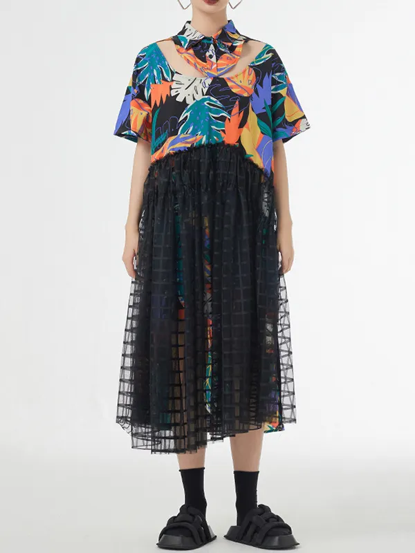Short Sleeves Loose Printed Split-Joint Lapel Midi Dresses Shirt Dress main image 0
