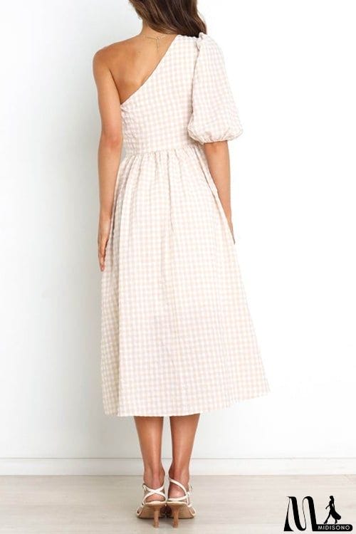 MidiSono - Plaid Puff One Shoulder Midi Dress