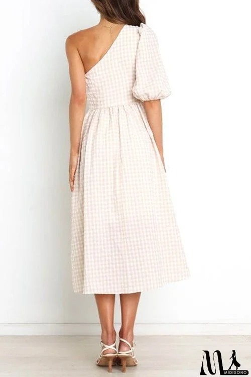 MidiSono - Plaid Puff One Shoulder Midi Dress