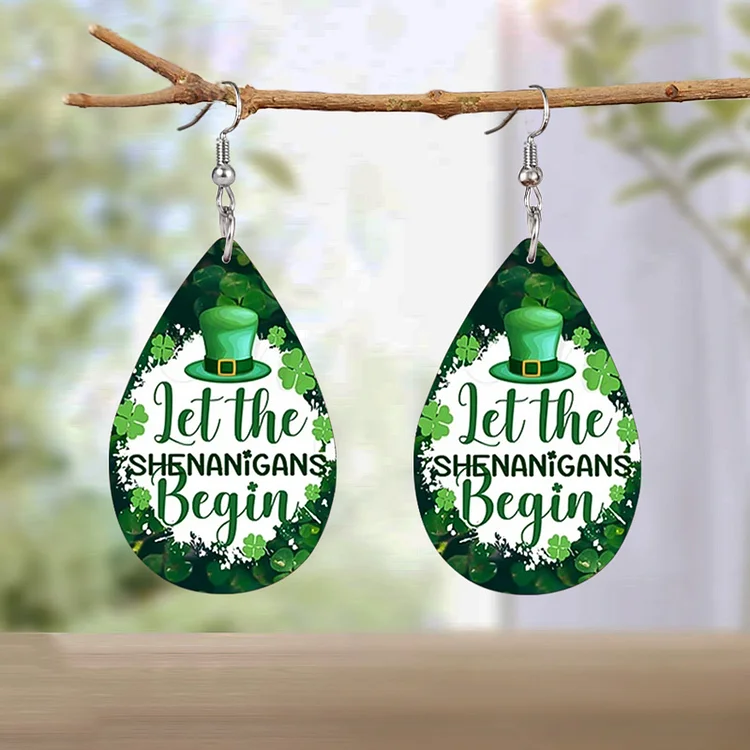 St. Patrick'S Day Faux Leather Green Four-Leaf Clover & Text Design Earrings
