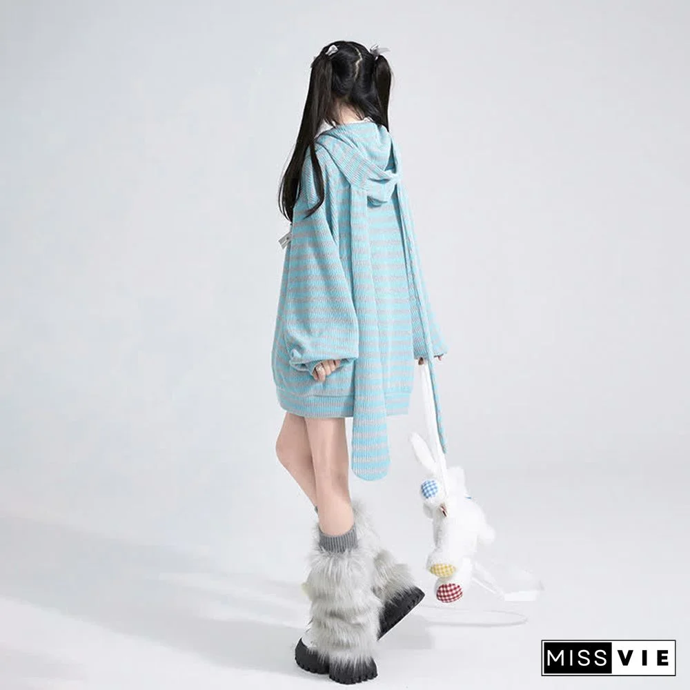 Long Bunny Ears Pocket Oversize Zipper Hooded Sweatshirt