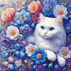 Chat blanc en fleurs - perceuse ronde peinture diamant - 30*30cm
