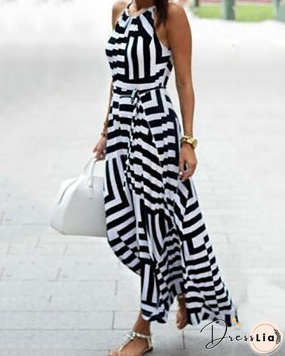 Contrast Color Halter Geo Print Casual Maxi Dress P11036