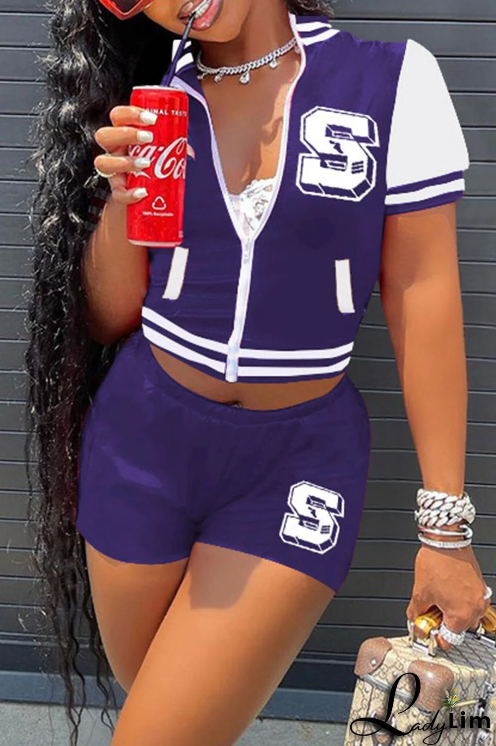 Black Fashion Casual Letter Print Patchwork Zipper Collar Short Sleeve Two Pieces