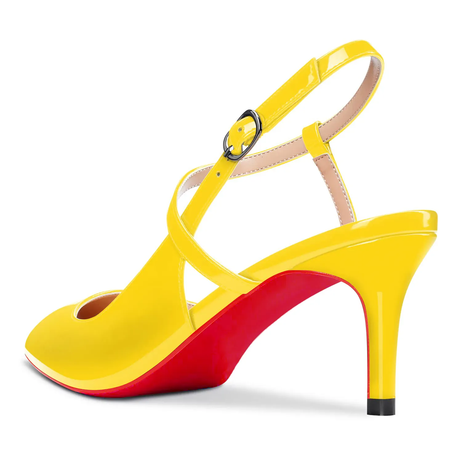 65mm Women Slingback Pumps Ankle Strap Jenlove Stiletto Mid Heel Close Pointed Toe Dress Red Bottoms Shoes-vocosishoes