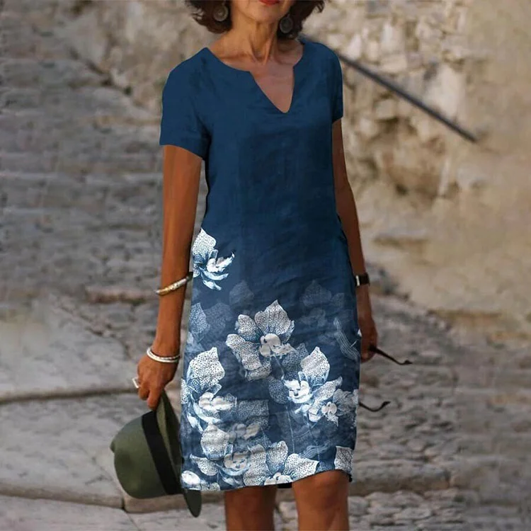 Casual Rose Print V-Neck Cotton Linen Dress