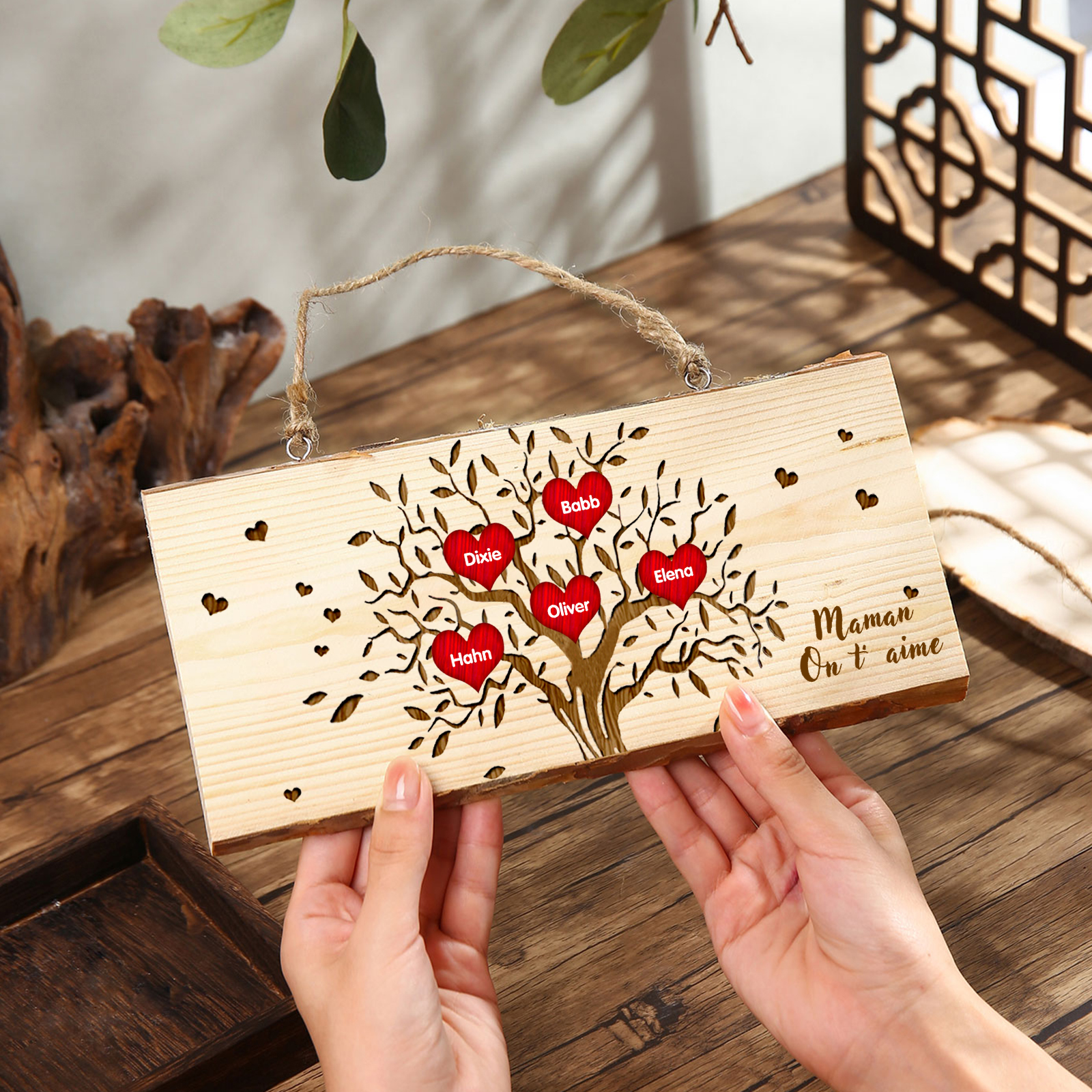 Décoration en bois Arbre de Vie 2-6 Prénoms Personnalisés avec Texte pour Famille Peinture Décorative