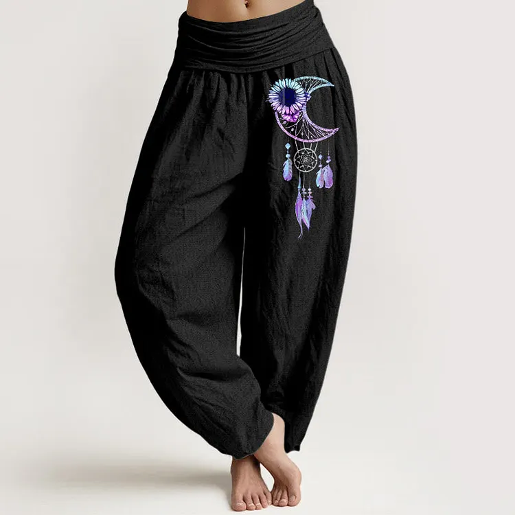 Cotton Elegant Moon Flower Feather Pattern Women's Elastic Waist Harem Pants