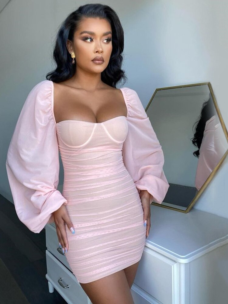 LANFUBEISI  White Winter Sexy Dress Strapless Lantern Sleeve Ruched Mini Dress Fashion Slim Backless Women Bodycon Party Pleated Dress LANFUBEISI