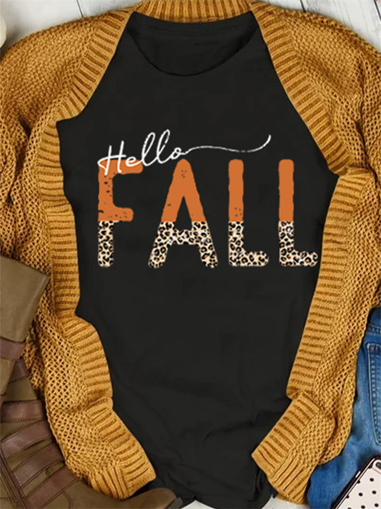 Hello Fall Leopard Graphic T Shirt artswardrobe