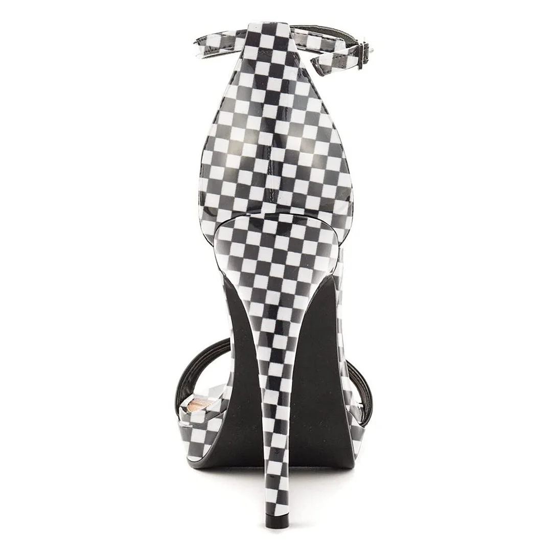 White & Black Plaid Open Toe Strappy Stiletto Heels with Platform