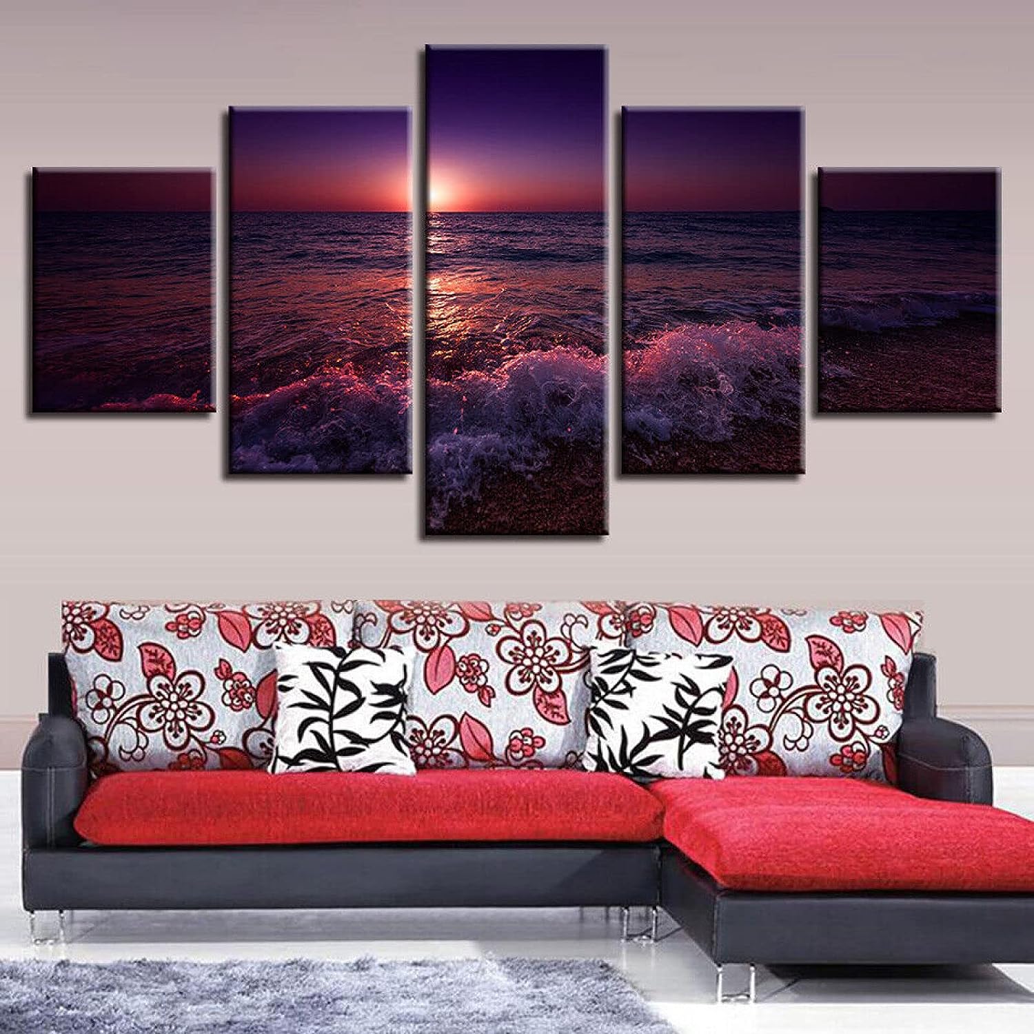 GUOGUAN Canvas Wall Art 5 Panels Sunset Sea Waves Beach Landscape Large 5 Piece Canvas Wall Art Prints On Canvas Artwork Framed Modern Home Decor for Living Room Dining Room Bedroom