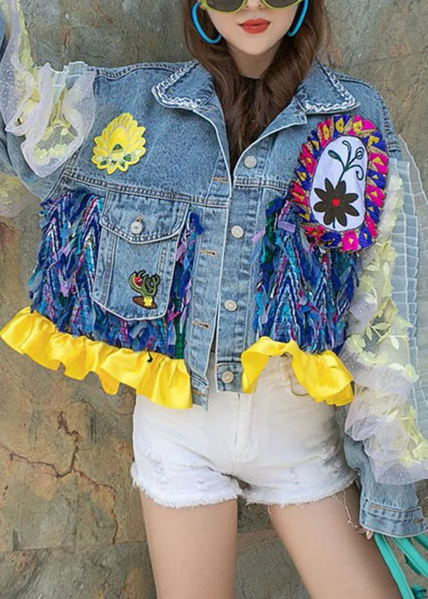 6.10Boutique Blue Ruffled Pockets Floral Decorated Patchwork Denim Short Coat Spring