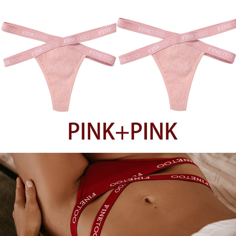 FINETOO 2PCS/Set Women's Cotton G-string Sexy Cross Strap Panties Letter Waisted Underwear Thongs Femme Hollow Out Lady Briefs