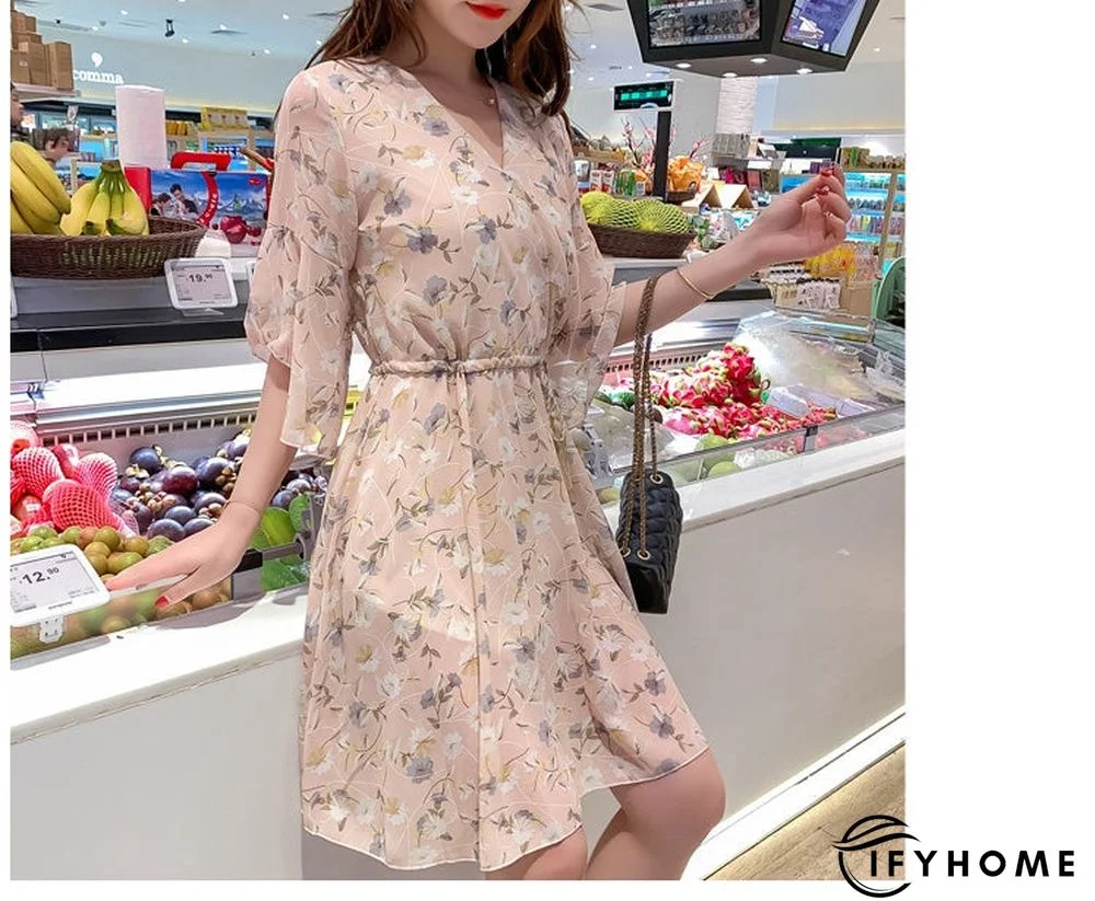 Spring Summer Chiffon Women V-Neck Floral Print Short Dresses Sweet Ruffle Sleeeve Slim Drawstring Ladies Dress | IFYHOME