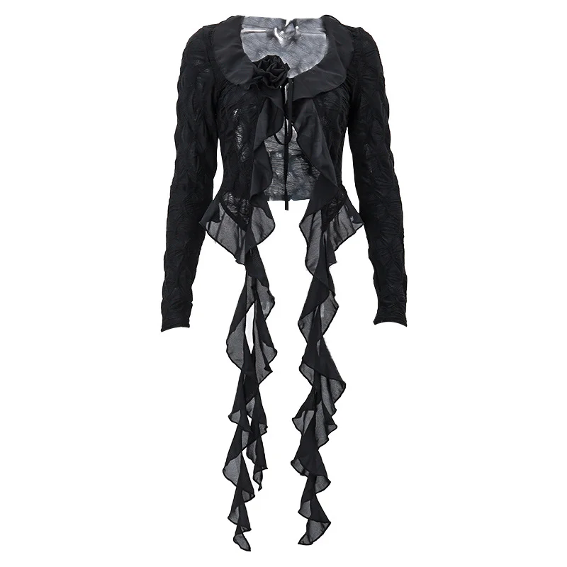 Brownm Brownm Hot Style Wood Ear Lace V Neck Gauze Fold Perspective Cardigan Long Sleeve Jacket
