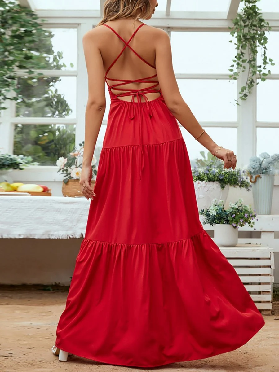Sleeveless open-back lace-up maxi dress