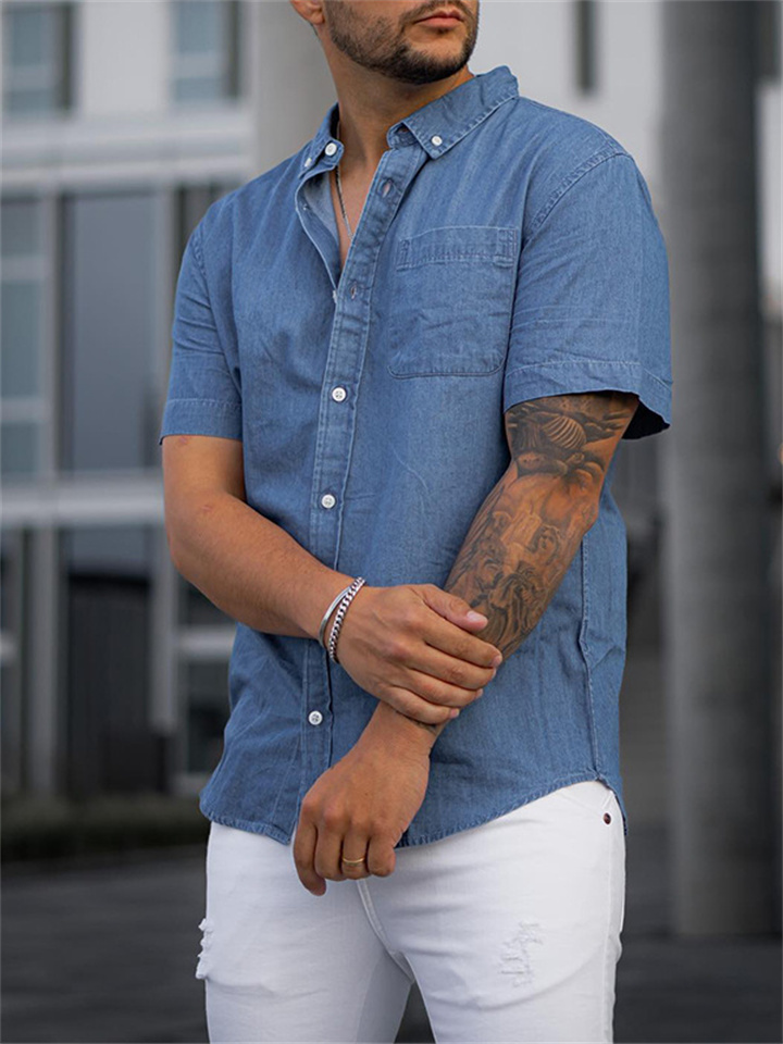 Mens Solid Color Faux Denim Shirt Short Sleeve Casual Loose Shirt for Men