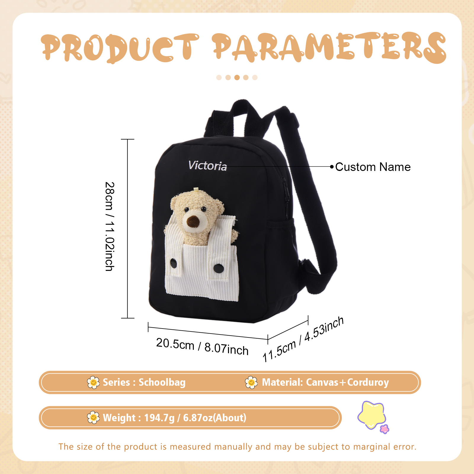 Personalised Bear School Bag Custom Name Canvas Backpack Back To School Gift for Kids-Jessemade AU