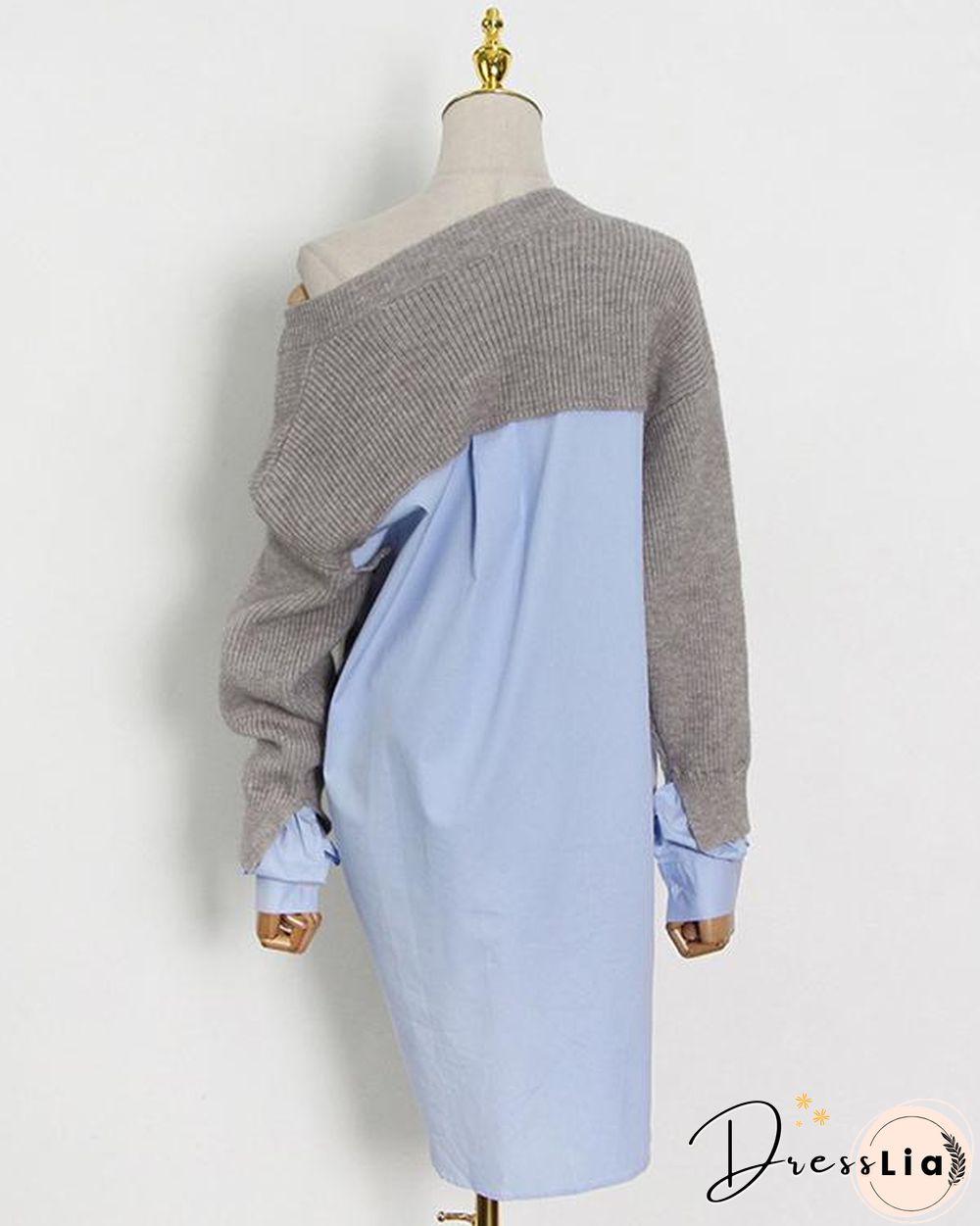 Women Minimalism Knitting V-neck Shirt Patchwork Sweater Shirt