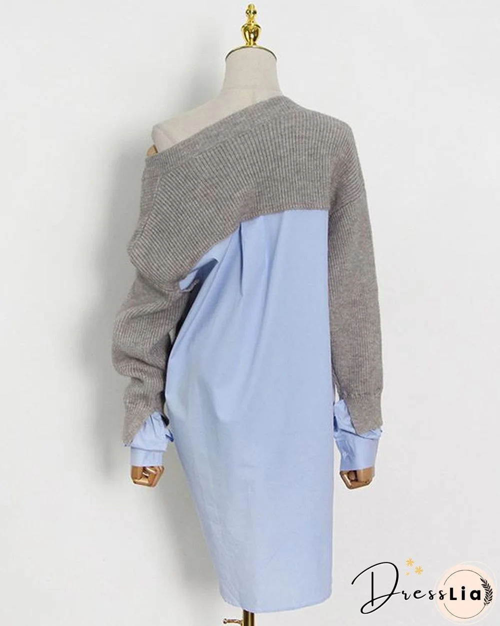 Women Minimalism Knitting V-neck Shirt Patchwork Sweater Shirt