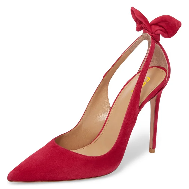 Red Vegan Suede Bow Heels Pointy Toe Stiletto Heel Pumps |FSJ Shoes