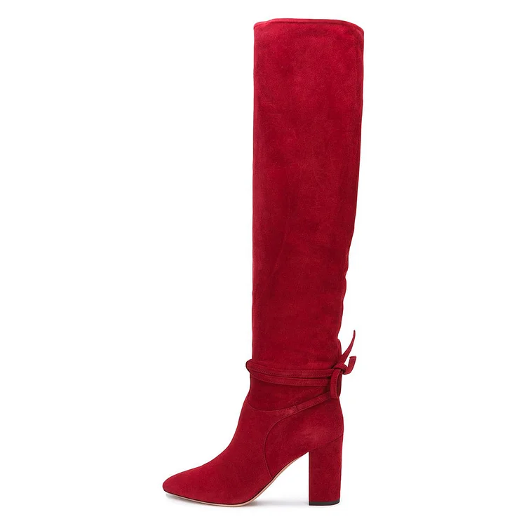 Red Vegan Suede Ankle Tie Chunky Heel Knee-High Boots |FSJ Shoes