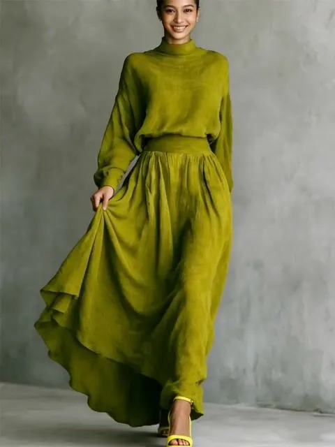 Vintage Classy Shirt & Skirt Flowy Linen Two Piece Set