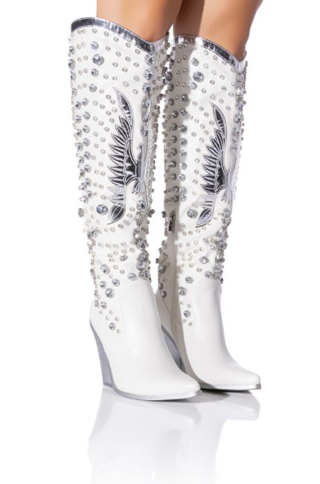 Women Western Cowboy Boots Rhinestone Black/white Knee High Boots Clear Glitter Bling Shiny Pointed Toe Block Heel Boots