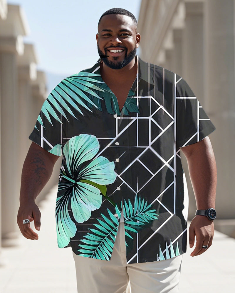 Men's Plus Size Black Dark Green Hiba Flower Simple Geometric Print Short Sleeve Shirt