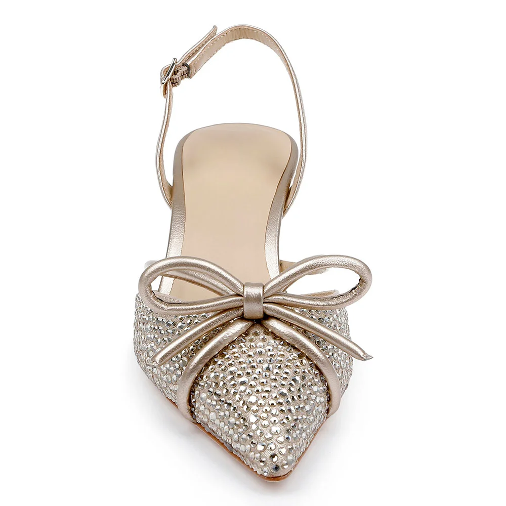 Chic Champagne Kitten Heel Slingback Pumps Shoes with Rhinestones