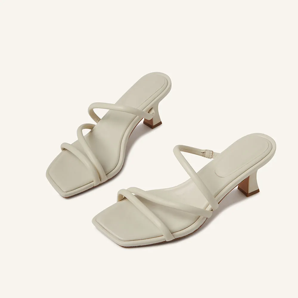 Ivory Open Square Toe Strappy Kitten Heel Simple Mules Sandals