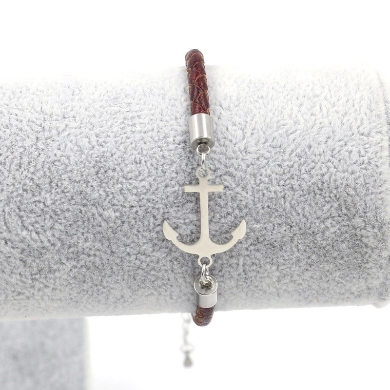 Fashion Anchor Stainless Steel Leather Gold Plated None Bracelets In Bulk