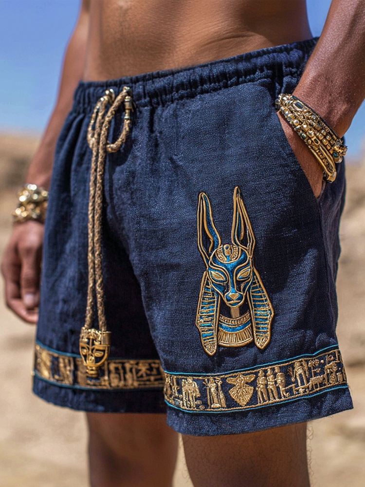 Egyptian Anubis God Embroidery Men's Linen Shorts