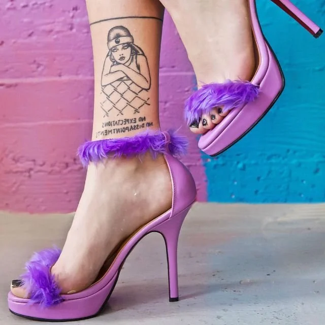 Lilac Fur Platform Ankle Strap Stiletto Heel Sandals Vdcoo