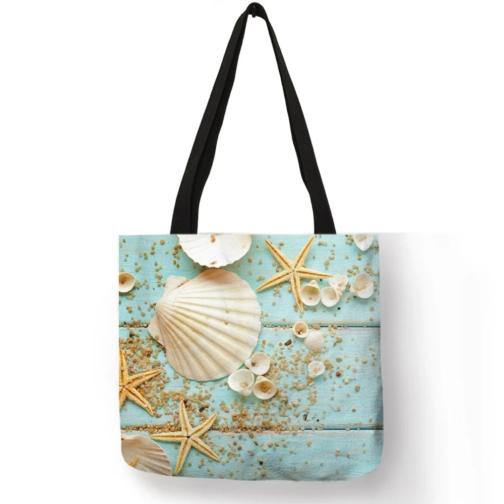 Ladies  Shoulder Bag Blue Ocean Starfish Beach Sand Prints Tote Shopping Bag Linen Fabric Beautiful Casual Practical Handbag