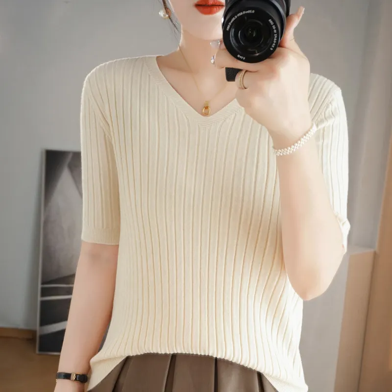 Churchf Churchf The Summer Of 2024, Women's Knit Short Sleeve Korean V-Neck Solid Color T-Shirt And A Pit Top