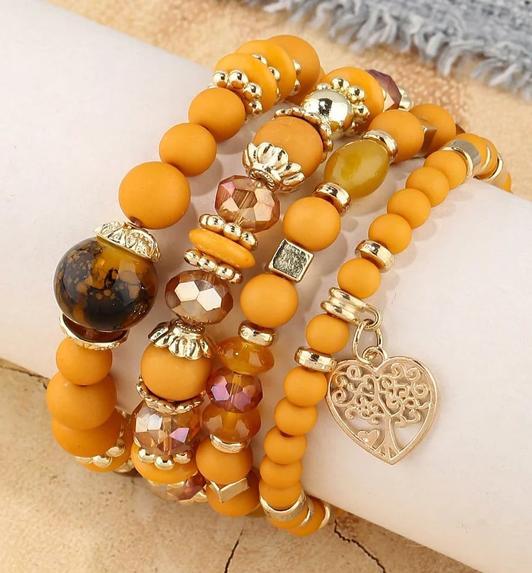 New Bohemian Ethnic Style Crystal Peach Heart Multi Layer Bracelet With Hollow Beads For Women